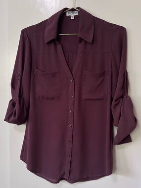 Express| Portofino Deep Plum Button Down Lightweight Roll-Up Sleeve Blouse Sz S